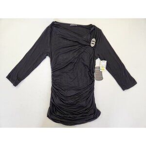 Miraclesuit Women M Black Faux Wrap Buckle Detail T-Shirt 3/4 Sleeve NWT